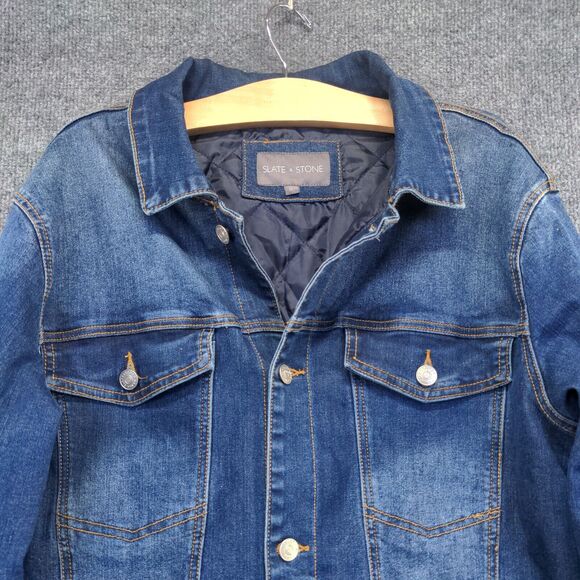 Slate & Stone Men's Denim Trucker Jacket Medium Long Sleeve Blue Flap Pockets - Picture 3 of 12